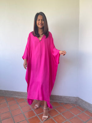 Bella Midi Kaftan in Fuchsia with front Button - Mala Handworks