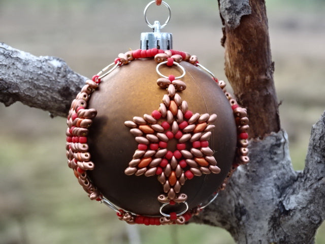 Hand Beaded 'You're a Star' 60mm Bauble Soft Gold and Red on Matte Bronze