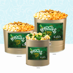 Gourmet popcorn 3 way tin and Butterscotch  Popcorn in Gold St. patrick's Day Tin