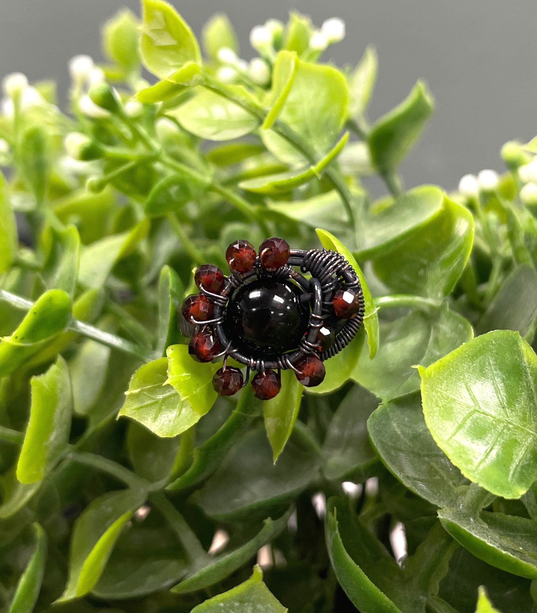 Onyx Gemstone w/ Garnet Beads Wire Wrapped Ring