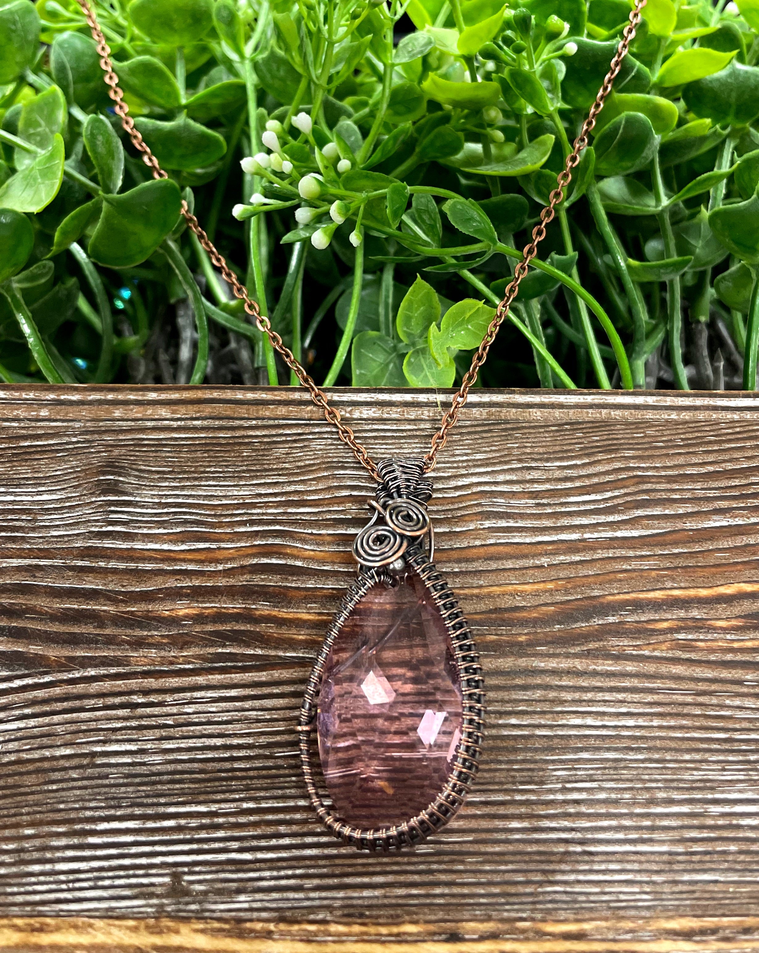 Wire Wrapped Faceted Pink Glass Crystal Pendant, Woven Frame