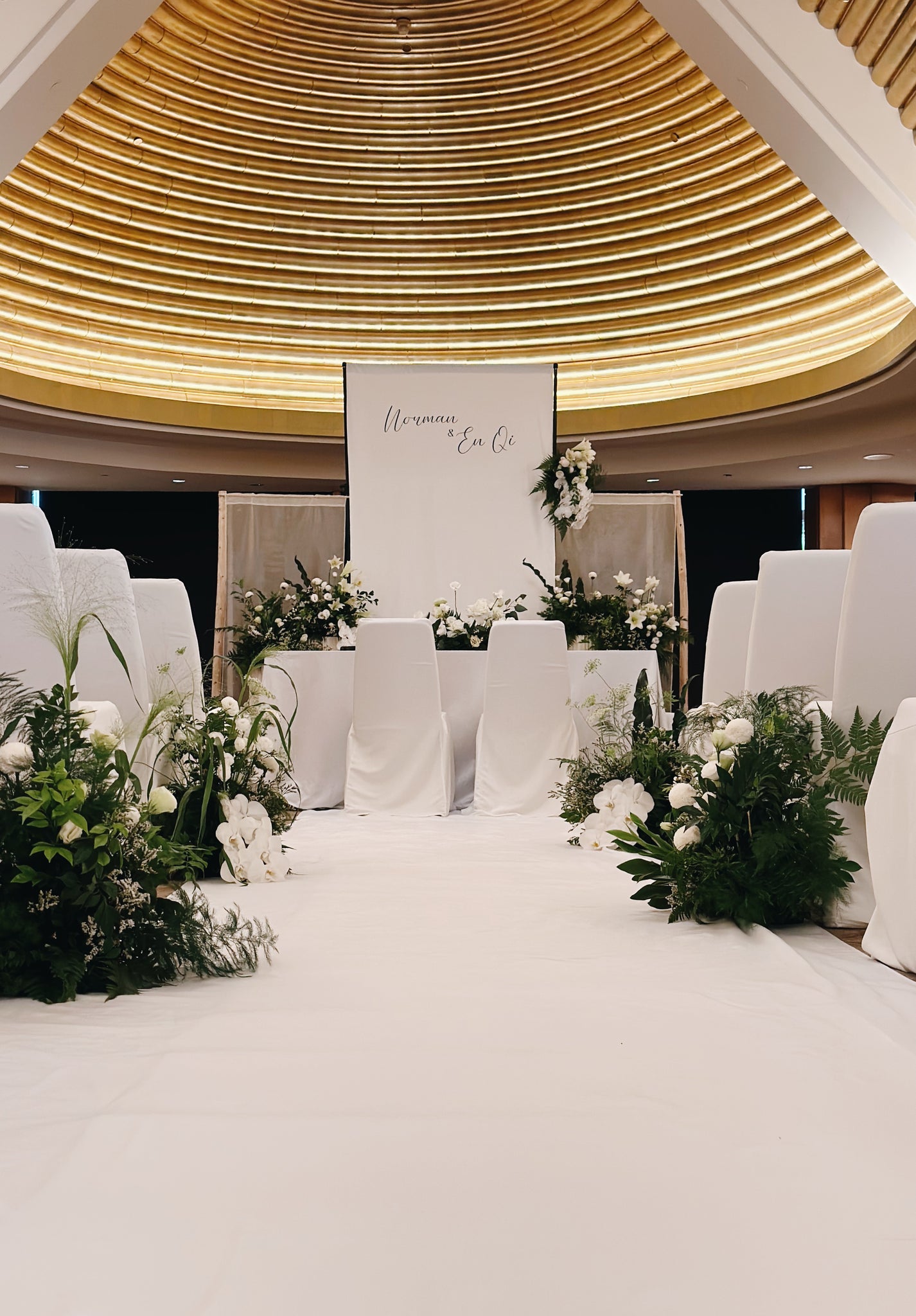 White Long Fabric for Backdrop and Aisle with Floral Botanicals for Solemnisation at Ritz Carlton 01