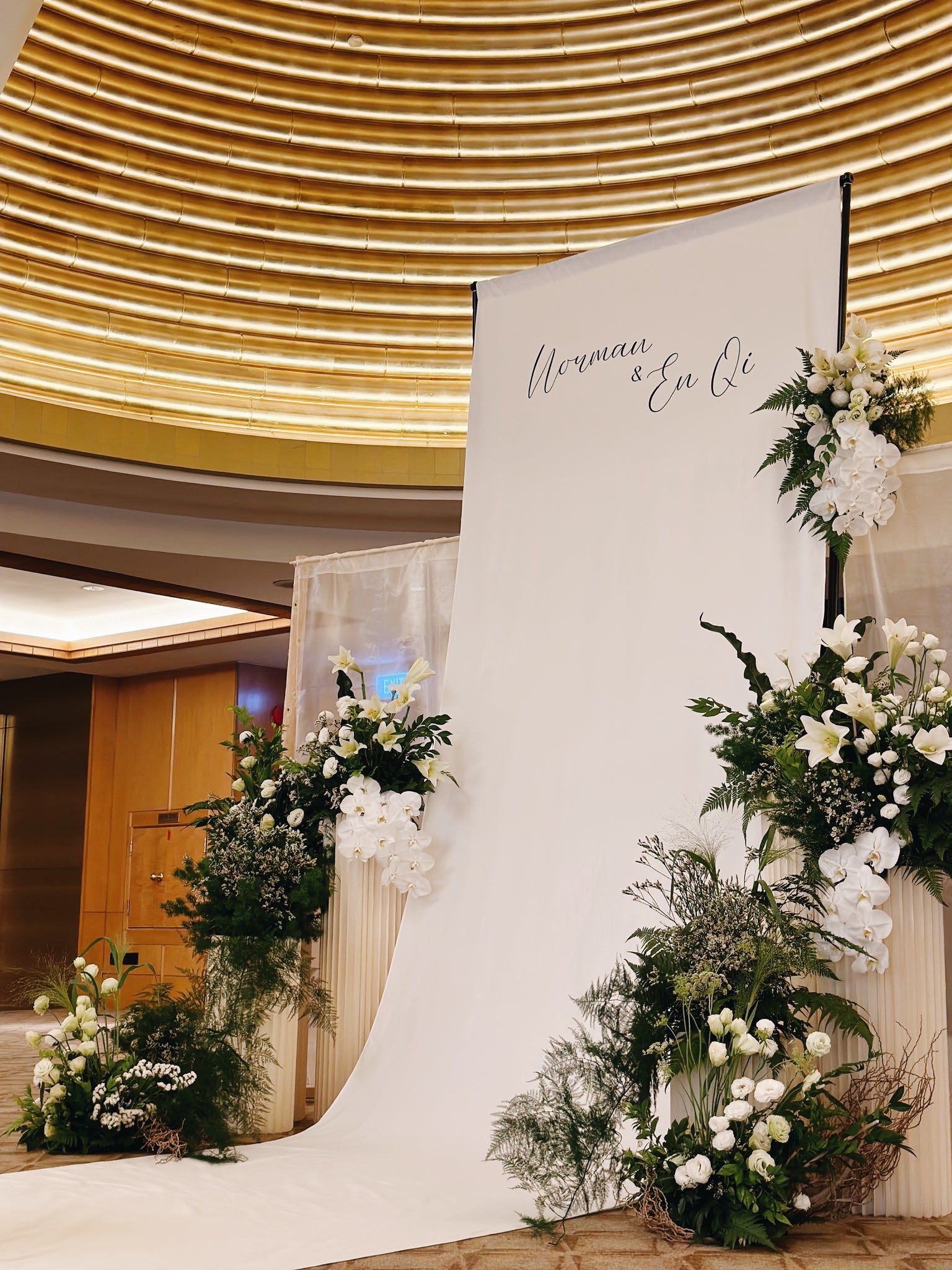 White Long Fabric for Backdrop and Aisle with Floral Botanicals for Solemnisation at Ritz Carlton 02