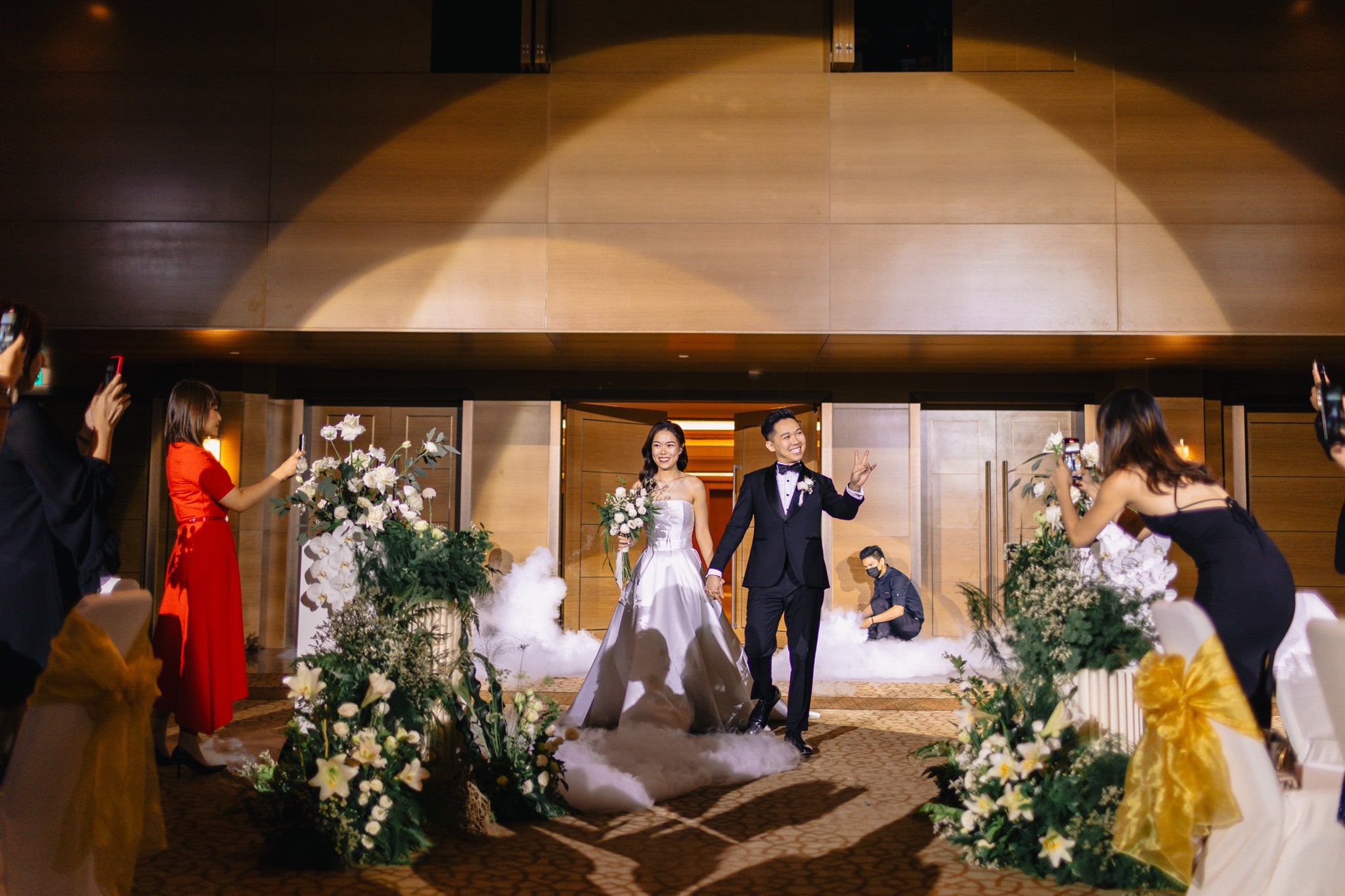 White Long Fabric for Backdrop and Aisle with Floral Botanicals for Solemnisation at Ritz Carlton 07