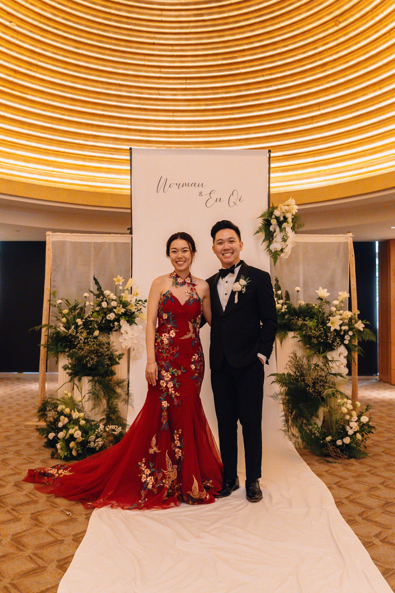 White Long Fabric for Backdrop and Aisle with Floral Botanicals for Solemnisation at Ritz Carlton 03