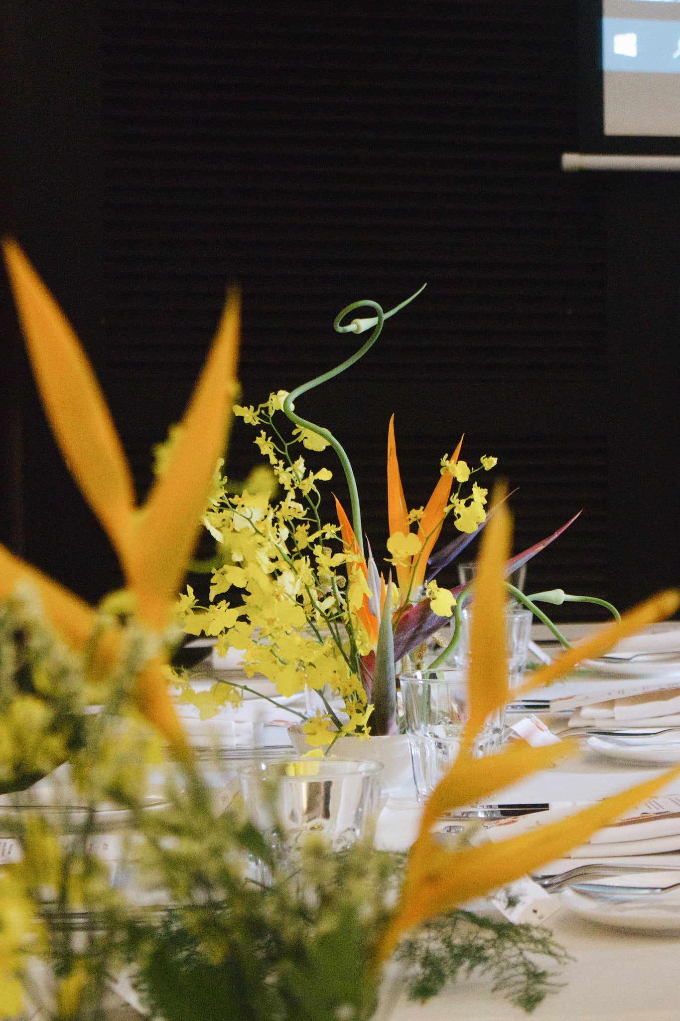 Bright, Vibrant, Tropical Ikebana Floral Table Centrepieces for Wedding at Botanico 08