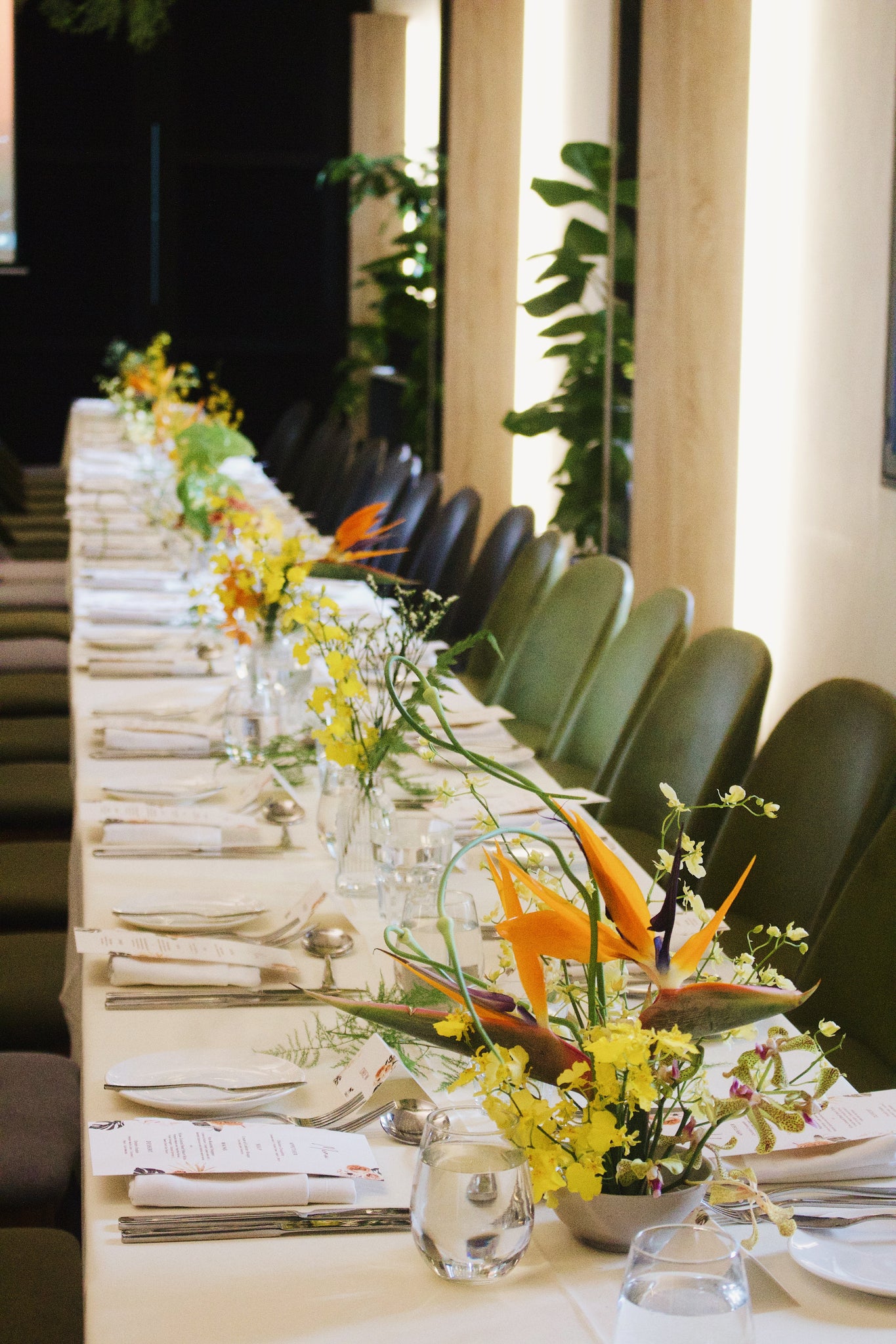 Bright, Vibrant, Tropical Ikebana Floral Table Centrepieces for Wedding at Botanico 11