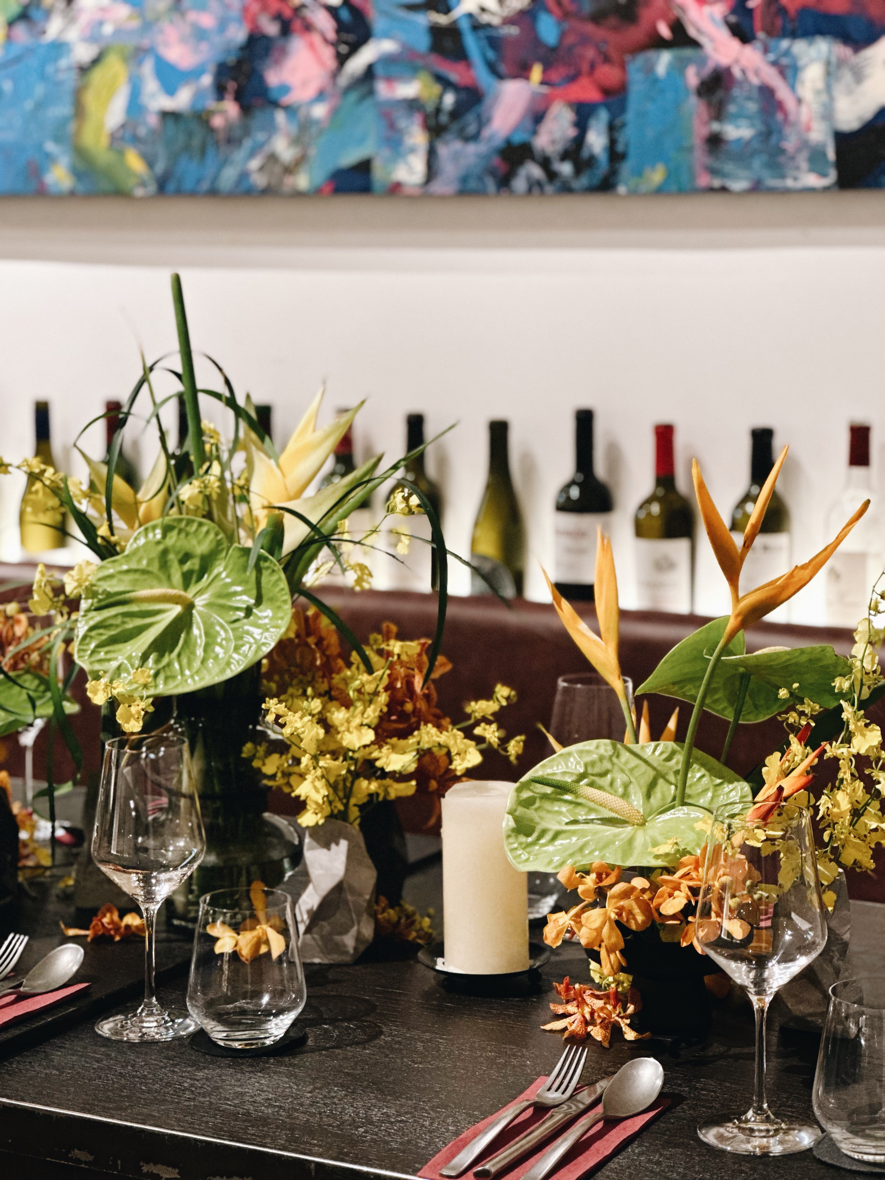 Botanical Tropical Floral Ikebana Table Arrangement for Private Dinner at 87 Wine Club 03