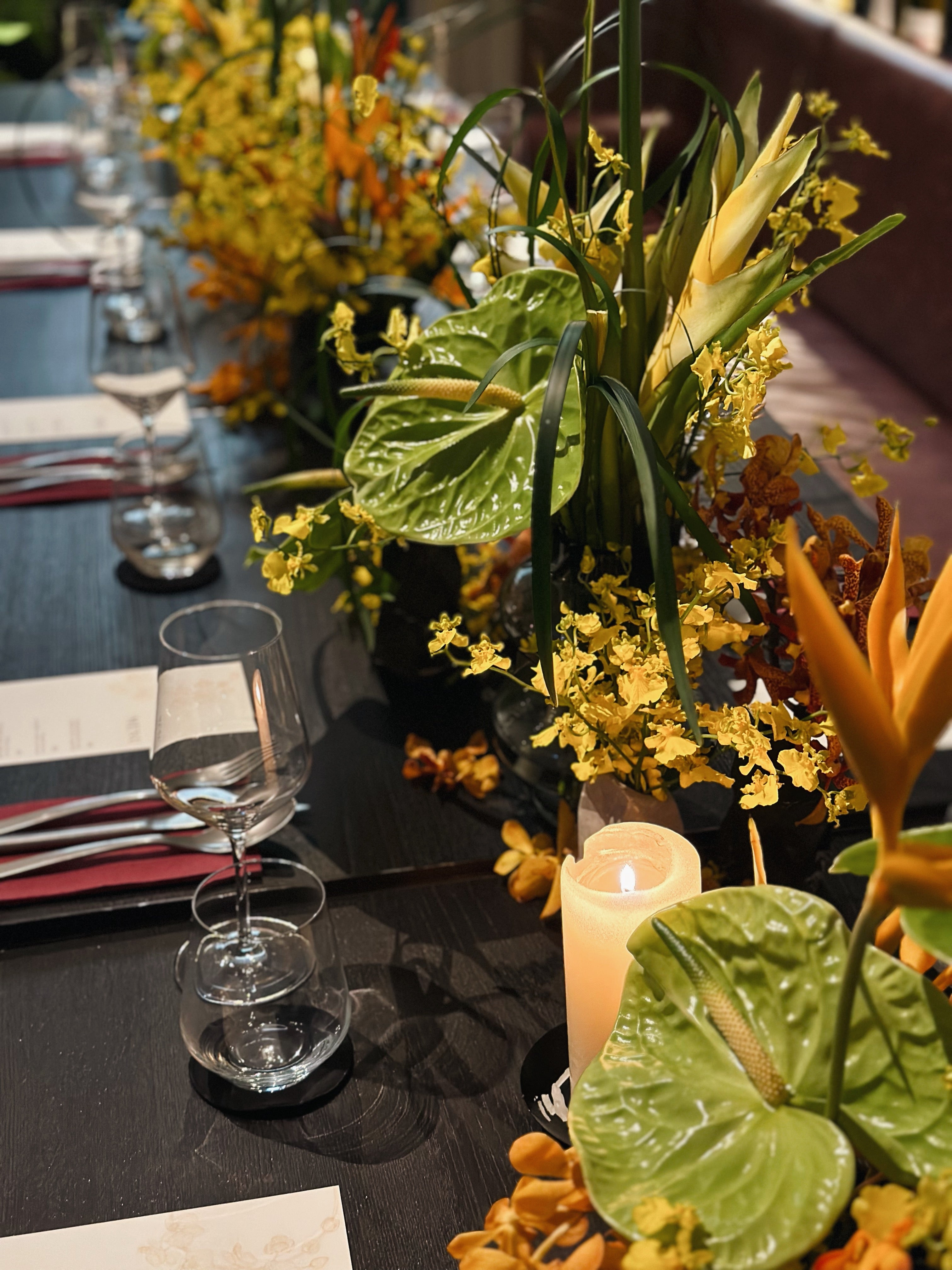 Botanical Tropical Floral Ikebana Table Arrangement for Private Dinner at 87 Wine Club 11
