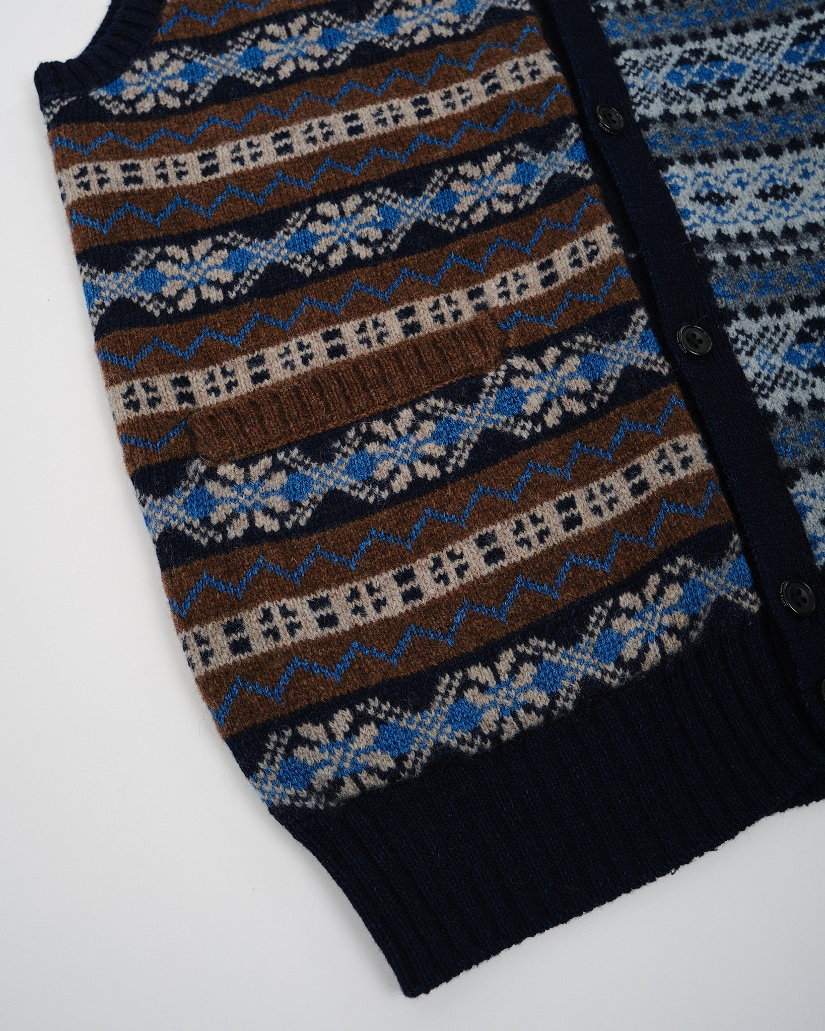 Button Knit Vest Indigo Fair Isle Panel