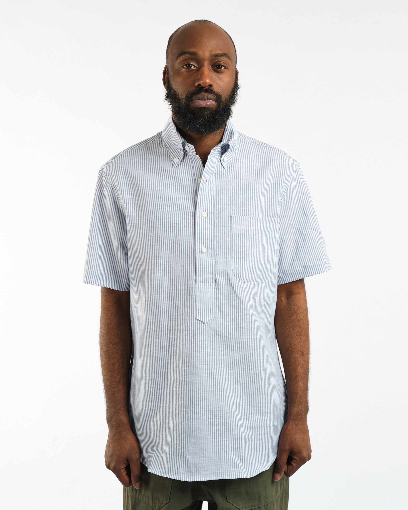 SS Button Down Popover Blue Stripe Linen