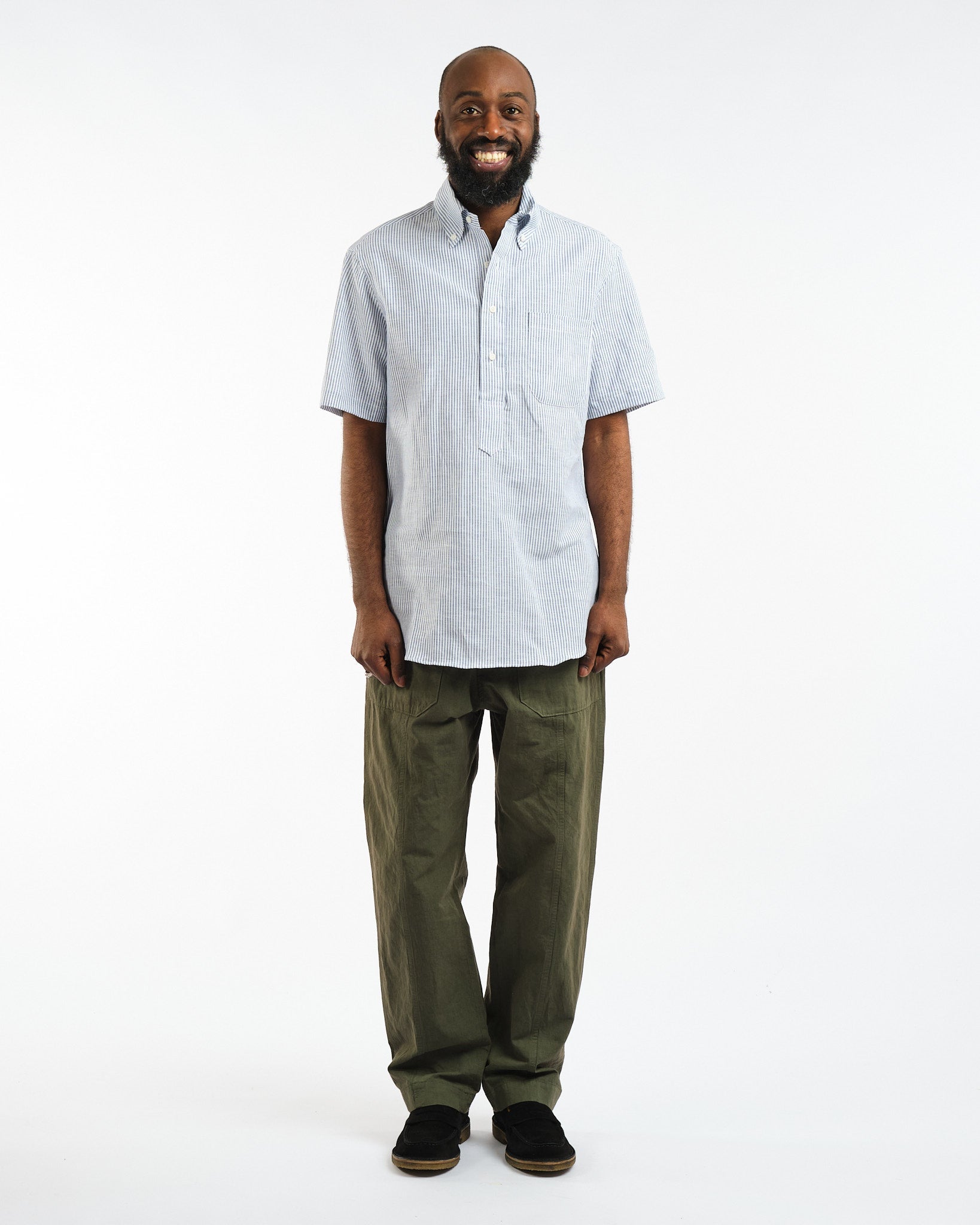 SS Button Down Popover Blue Stripe Linen