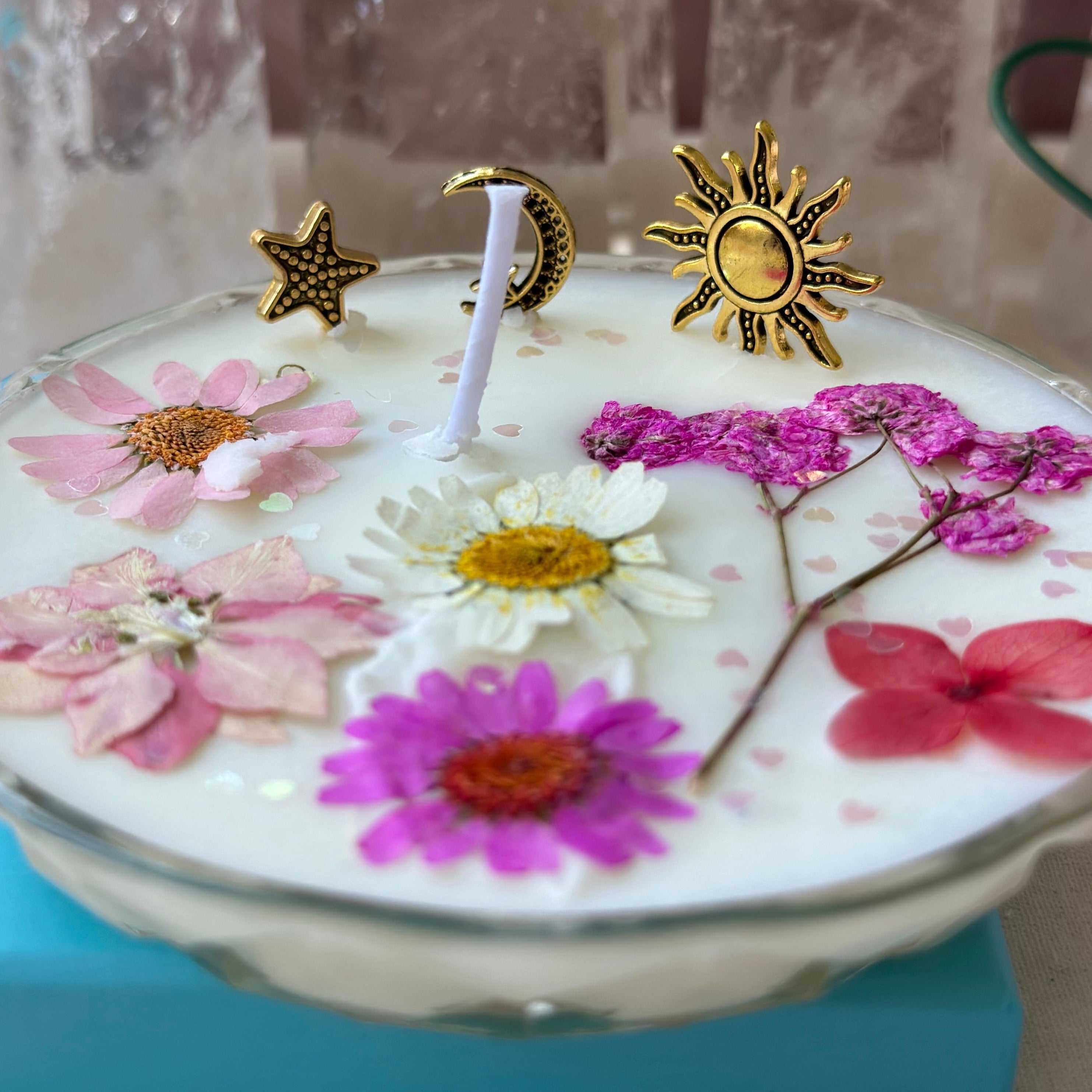 Flower 🌸 power Full moon crystal healing candle w moonstone half moons & charms!