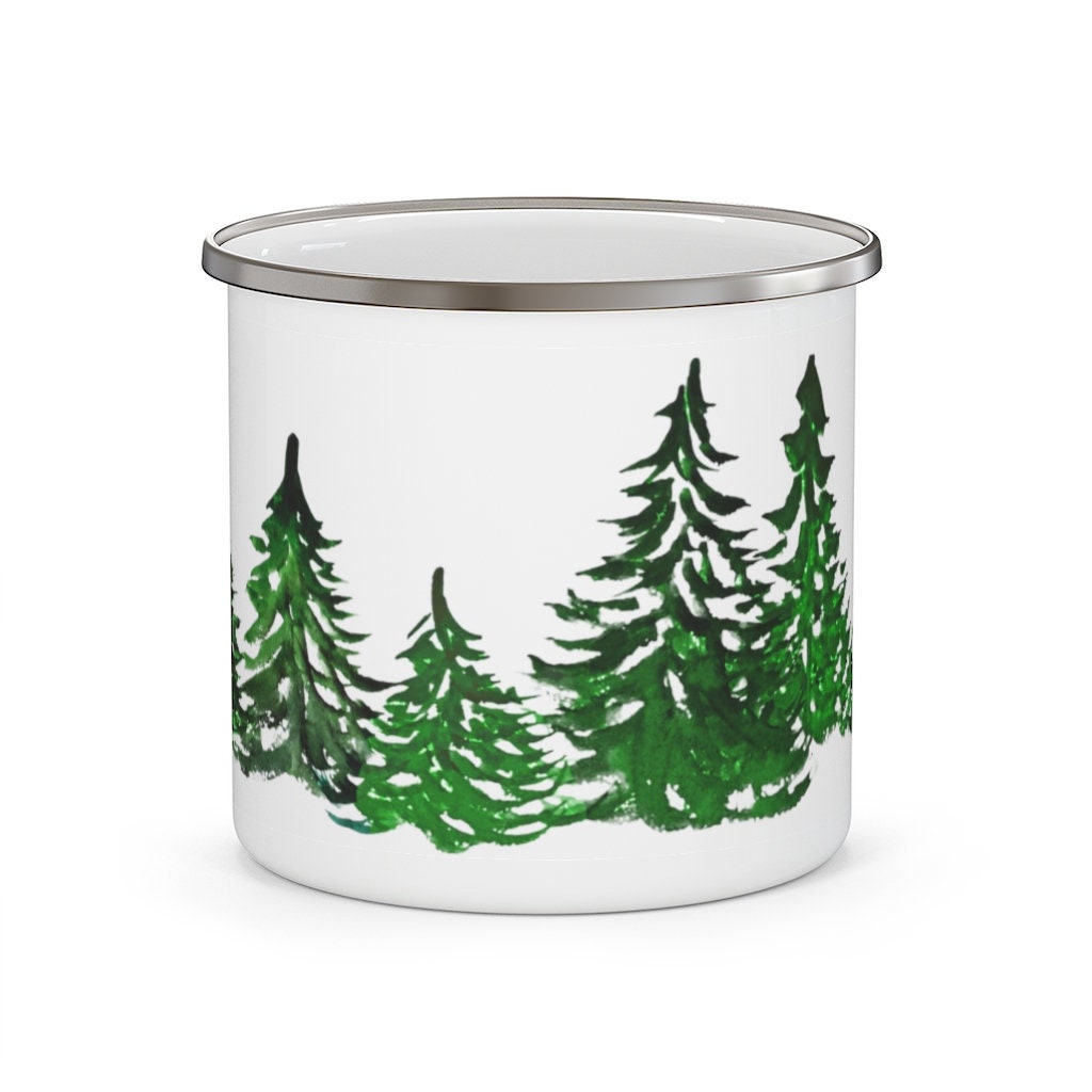 Pine Tree Forest Enamel Camping Mug Watercolor Printed Coffee Mugs