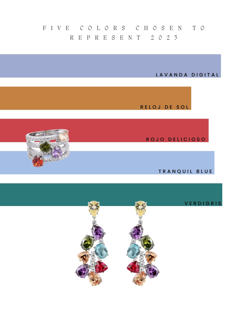 Sibela Studio gioielli colori dell'anno 2023 vivid magenta Digital Lavender, Luscious Red, Sundial, Tranquil Blue e Verdigris