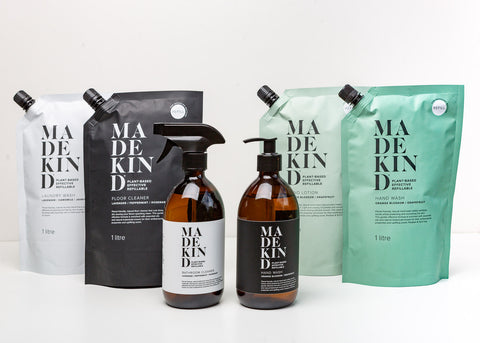MadeKind 1 Litre Natural Cleaning Product Refills and amber glass bottles