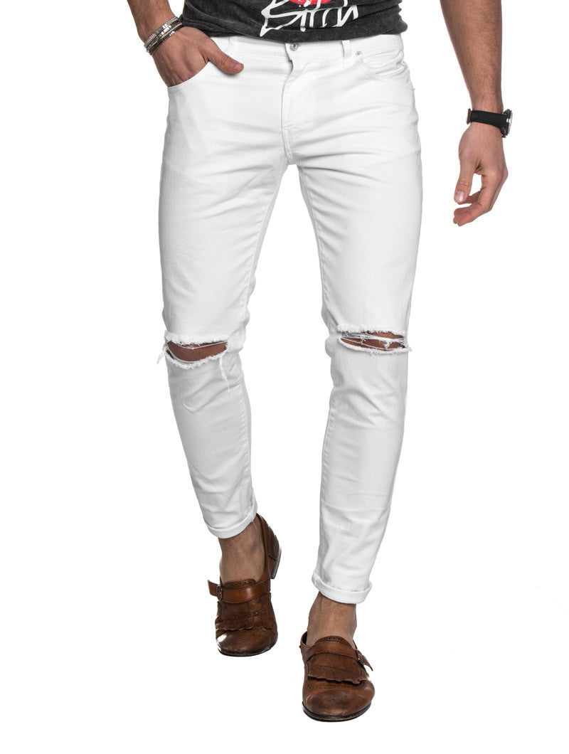  MEN S  CLOTHING WHITE  RIPPED  JEANS  NOHOW SUMMER 