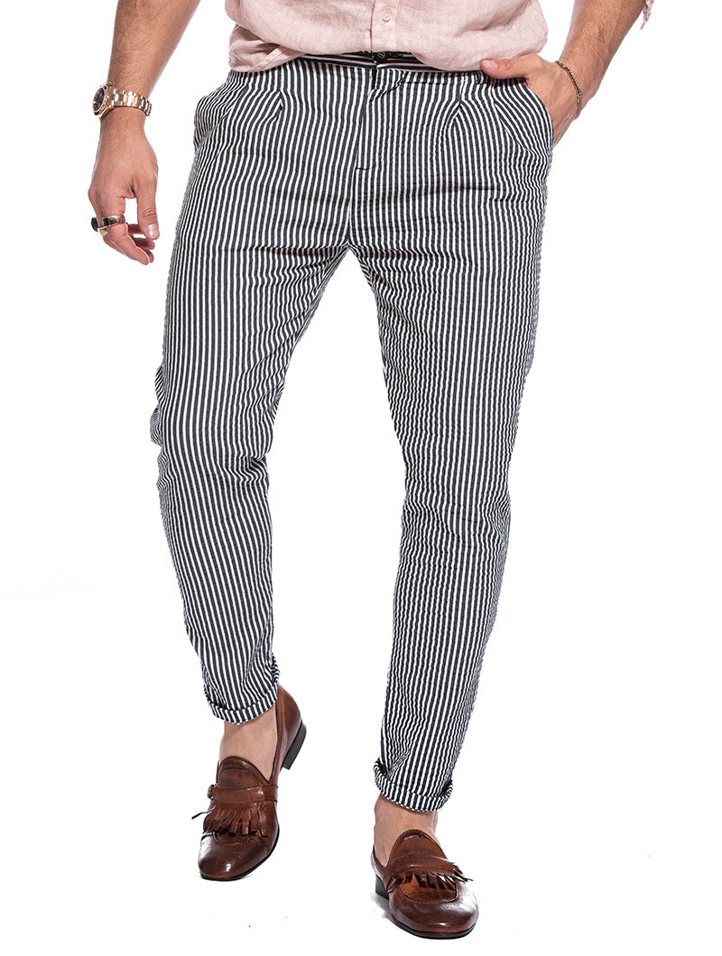 blue and white striped pants