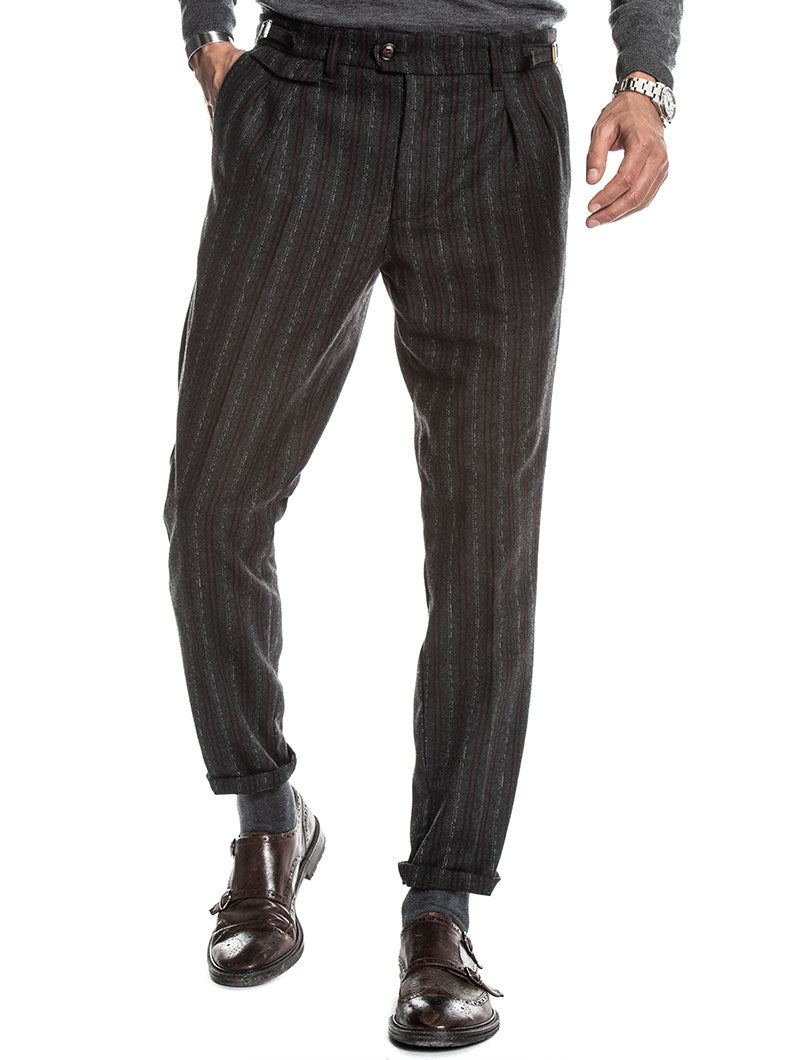 grey trousers with stripe