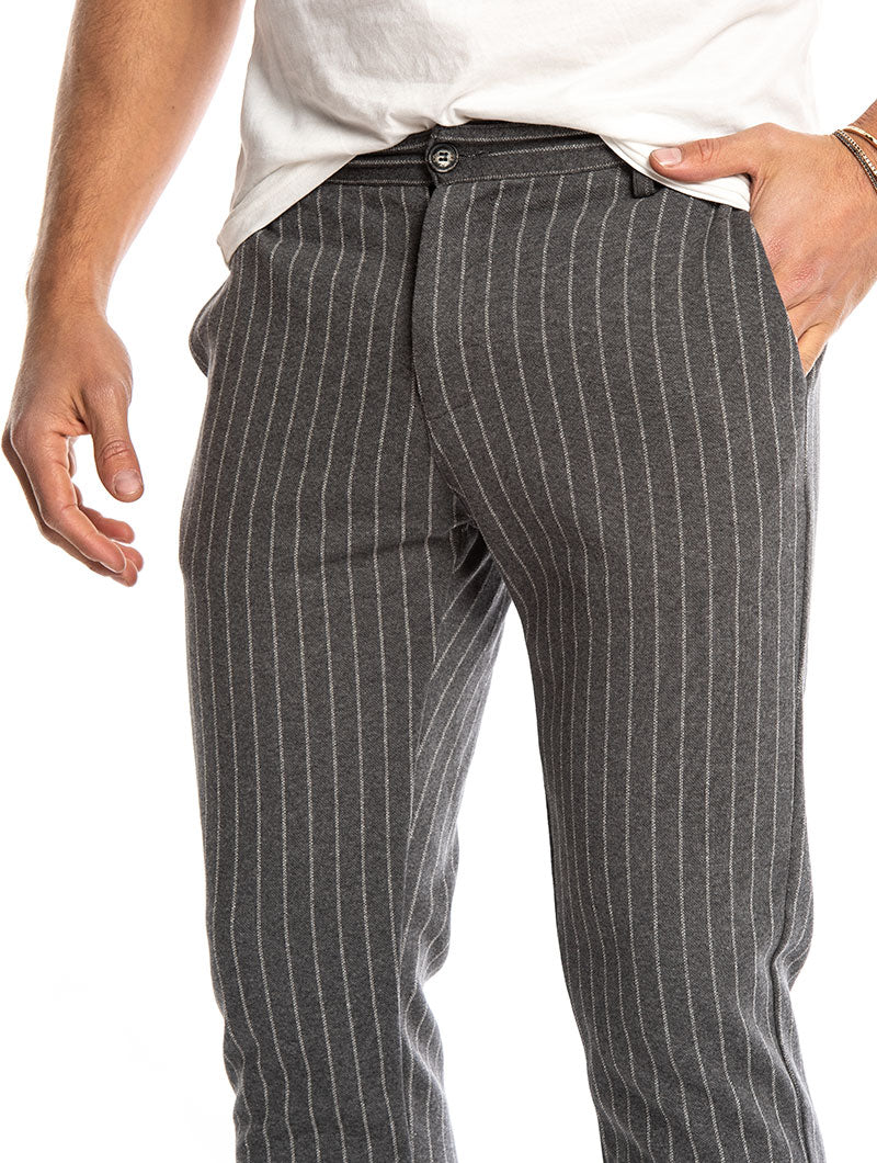 grey trousers with stripe