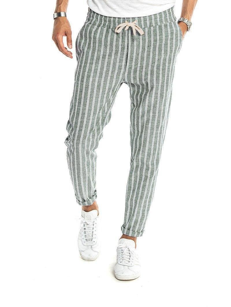 grey and white striped pants