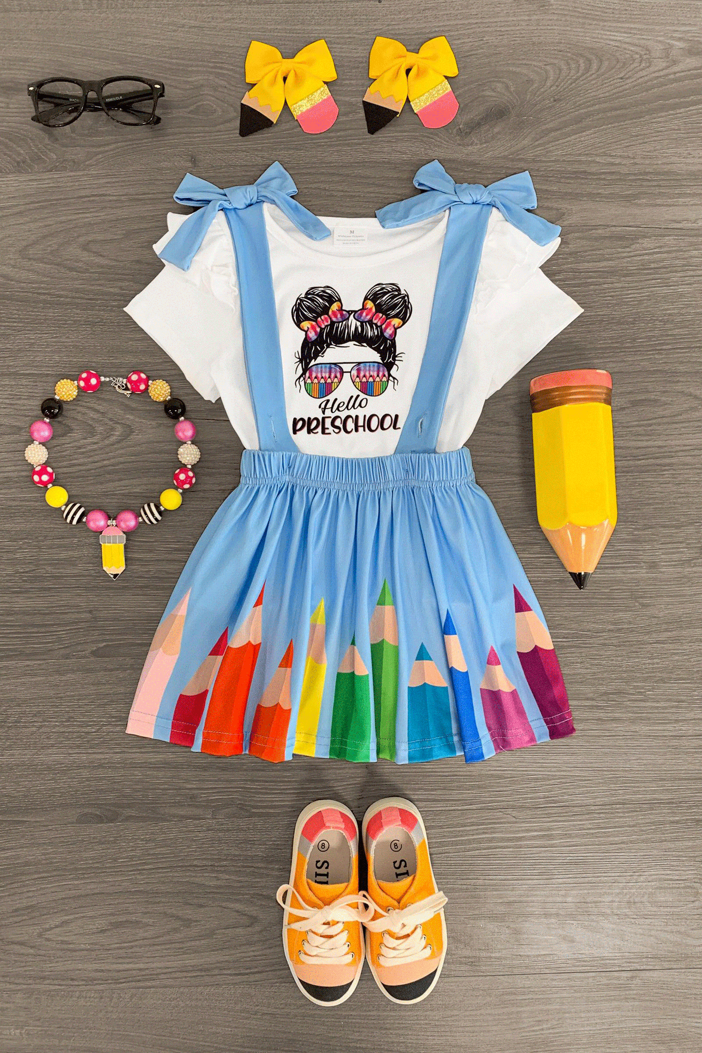 "Hello Pre-K - 4th Grade" Rainbow Pencil Suspender Skirt Set - Sparkle in Pink