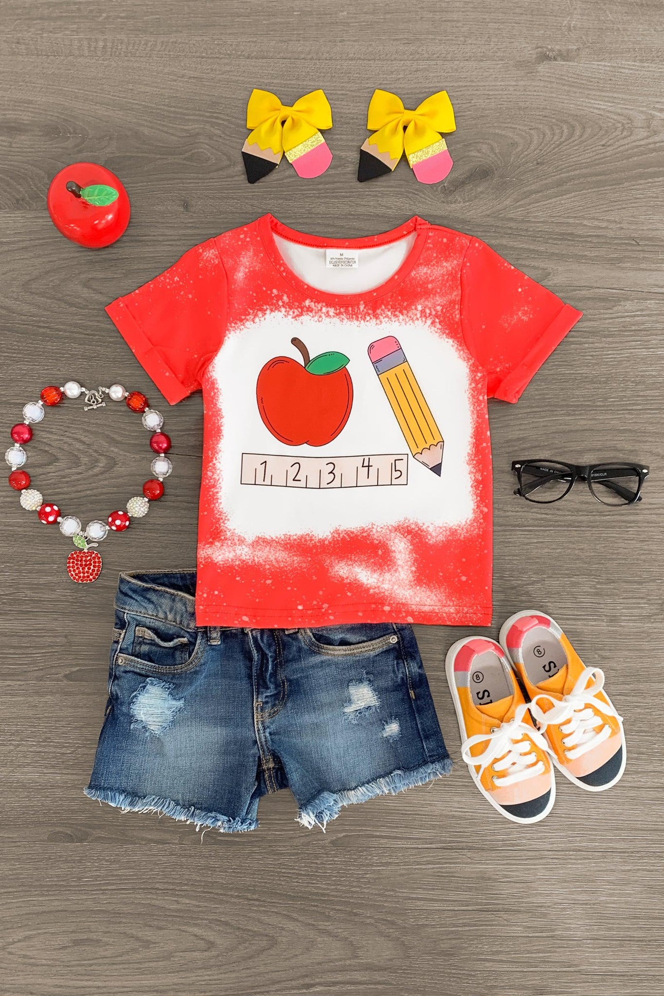 Red Apple & Pencil Top - Sparkle in Pink