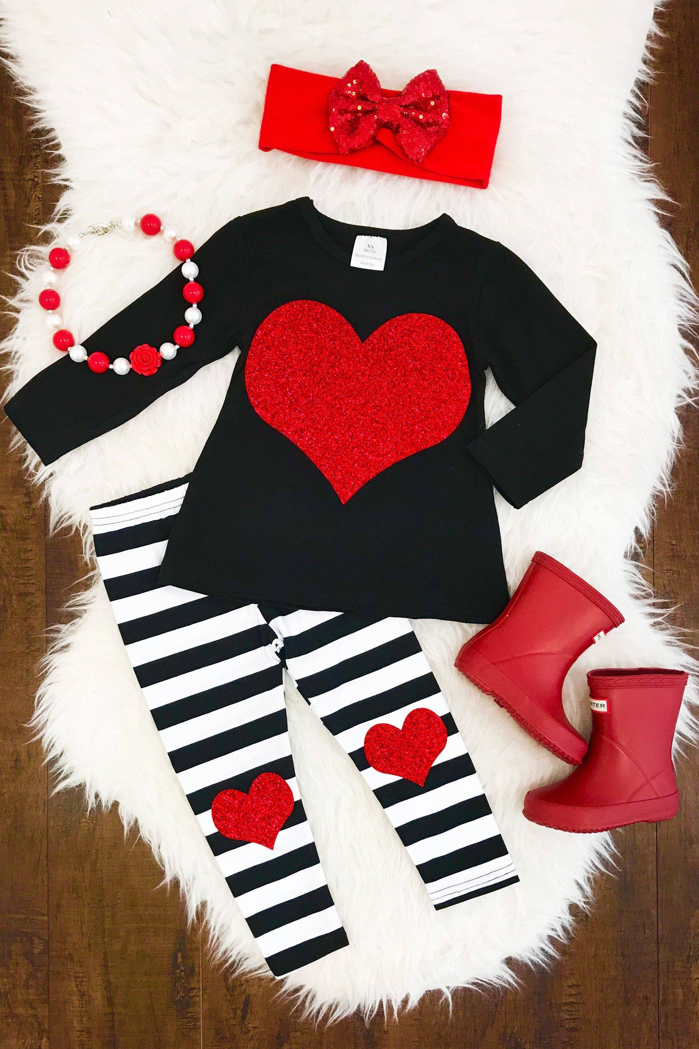 B&W Stripe Red Glitter Heart Outfit