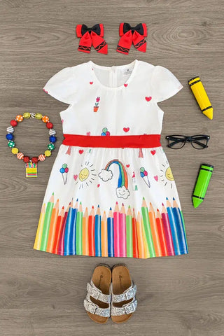 Rainbow Colored Pencil Doodle Dress for Girls for Back to School