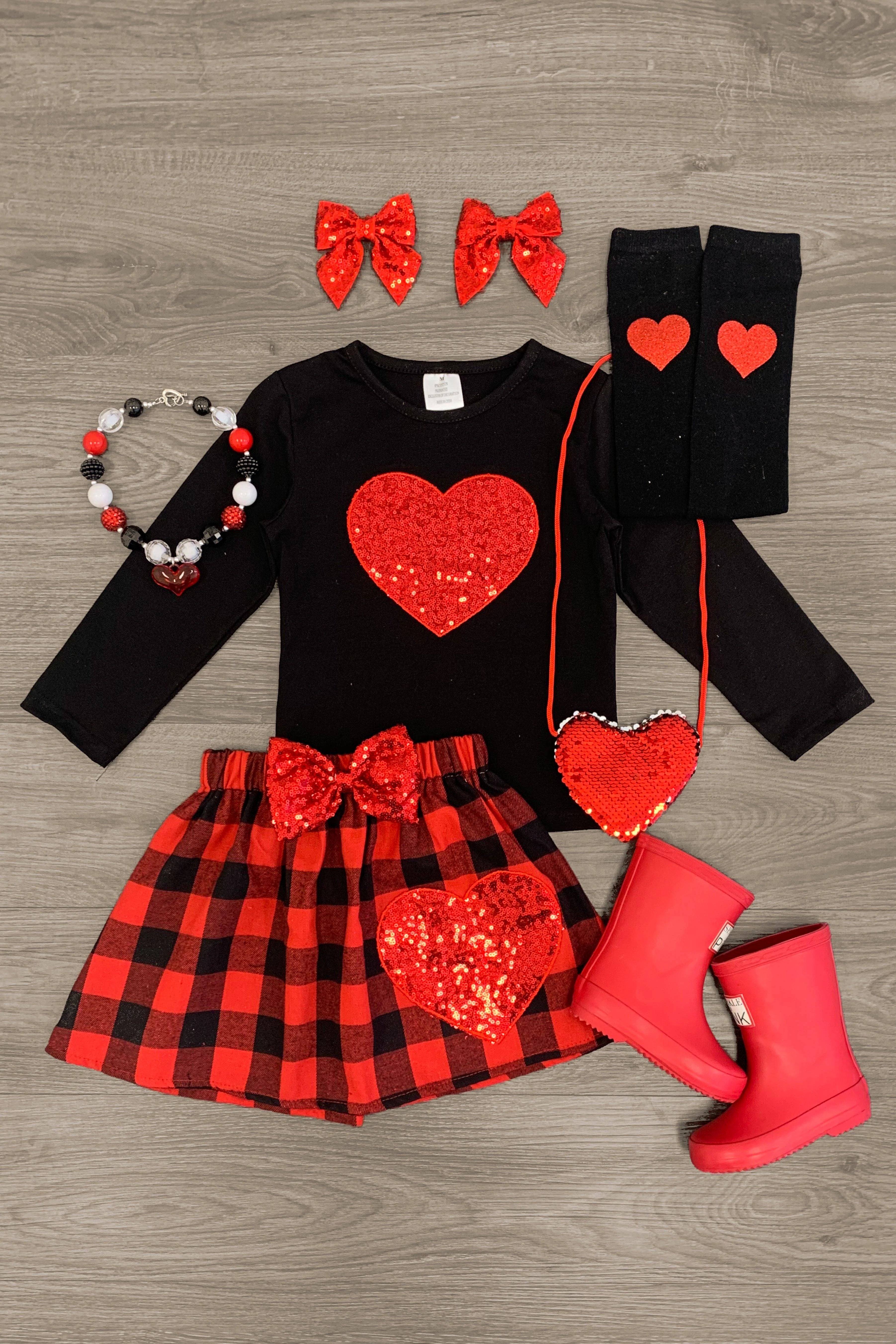 5. Red Heart Sequin & Plaid Skirt Set