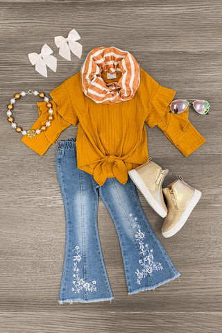 Orange and White Scarf with Tie Knot Front Top and blue denim bell bottom jeans