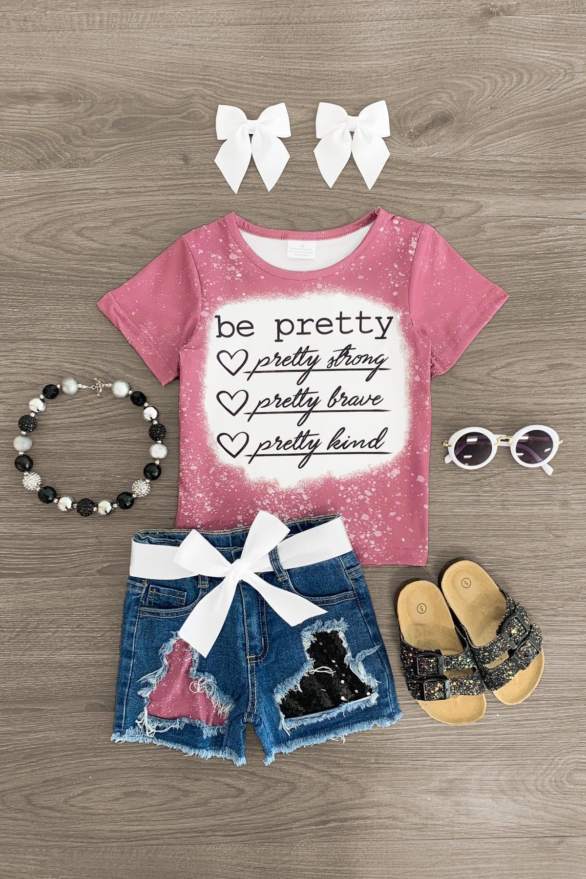 "Be Pretty..." Distressed Denim Short Set - Sparkle in Pink