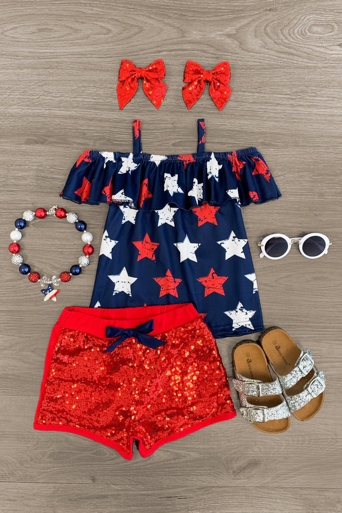 Image of Navy & Red Stars Sequin Short Set