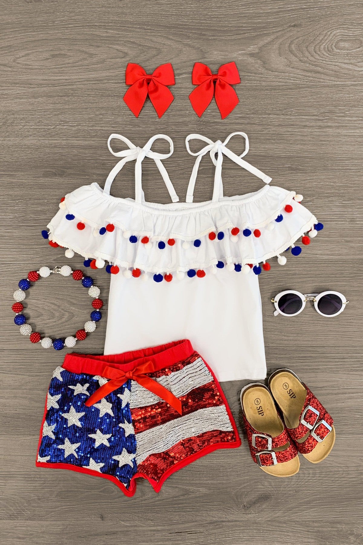 Image of White Pom Pom Sequin Flag Short Set