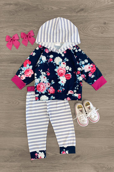 Baby Hoodie Set - Navy Blue Floral & White Stripe | Sparkle In Pink
