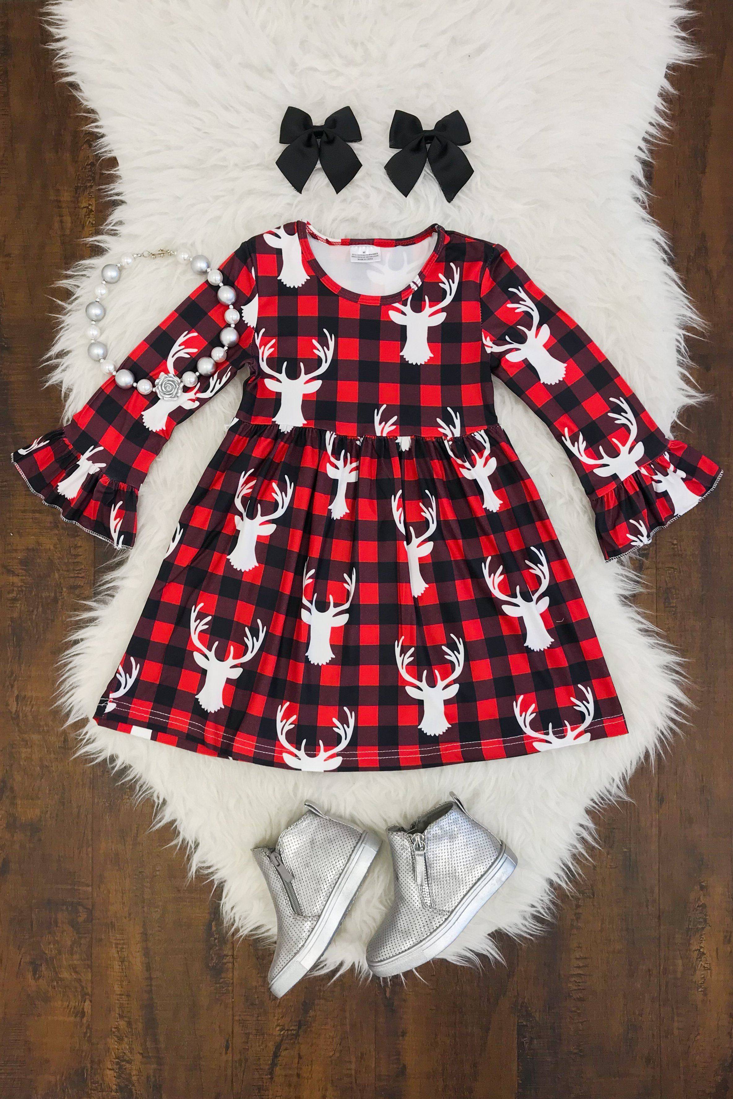 Buffalo Plaid Deer Bell Sleeve Dress - REPICTURE (DEER ARE DIFFERENT ...