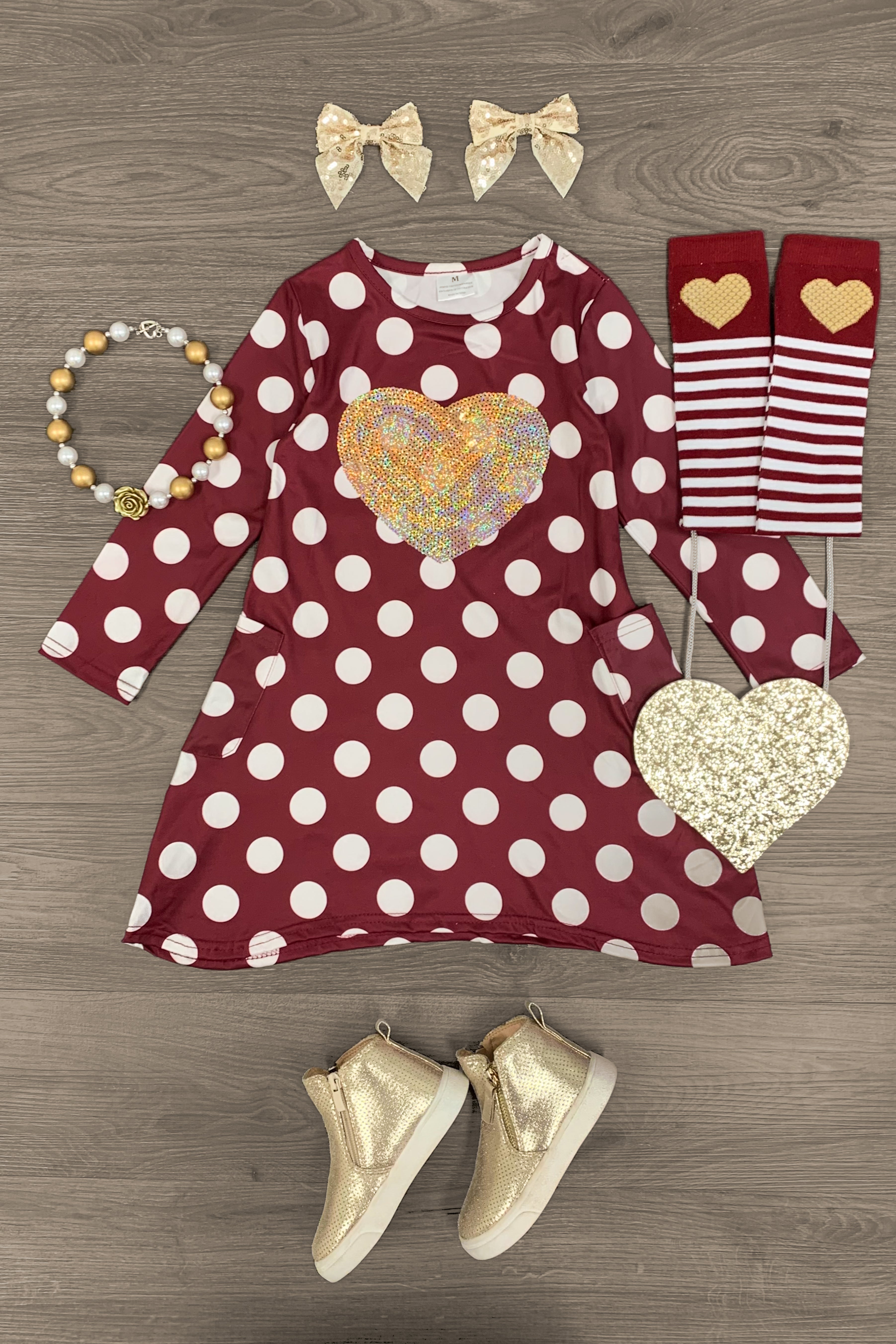 Burgundy Polka Dots & Sequin Heart Dress | Sparkle In Pink