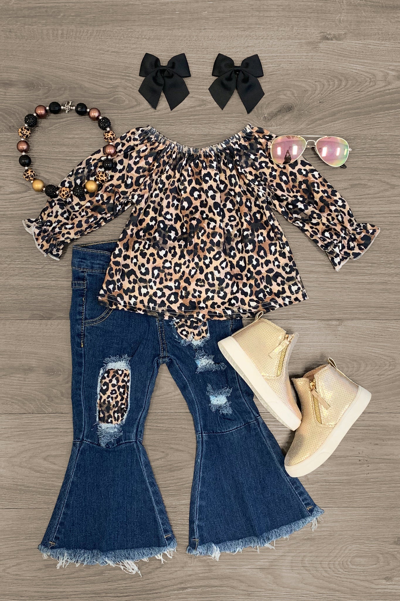 Dark Brown Cheetah Denim Flare Pant Set - RESTOCKED 