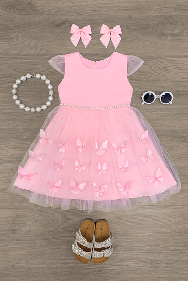 Deluxe Butterflies & Pearls Tulle Dress - Light Pink | Sparkle In Pink