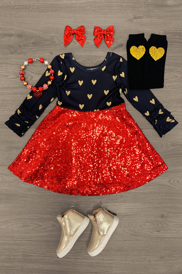 Gold Hearts Black & Red Sequin Dress | Sparkle In Pink