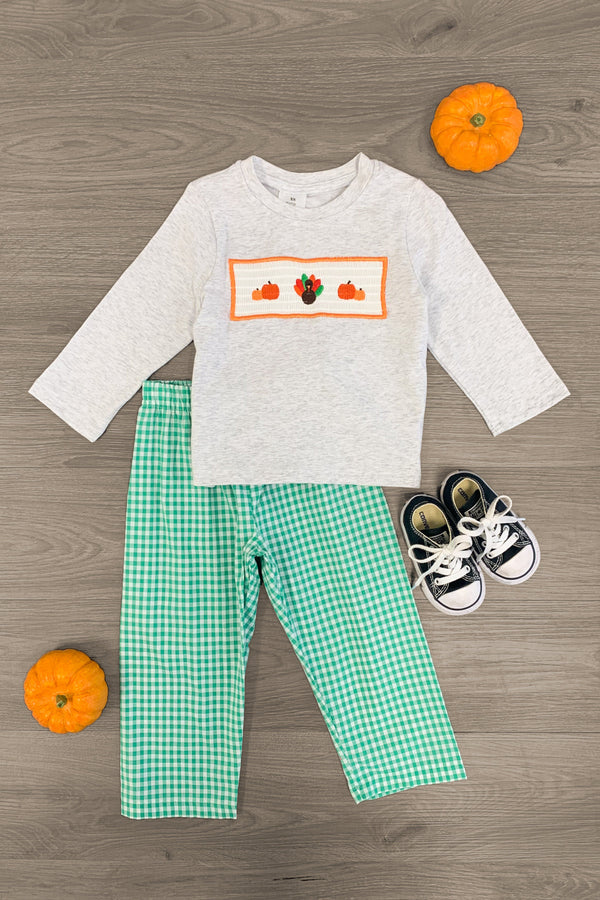 Gray & Green Pumpkin Turkey Plaid Pant Set