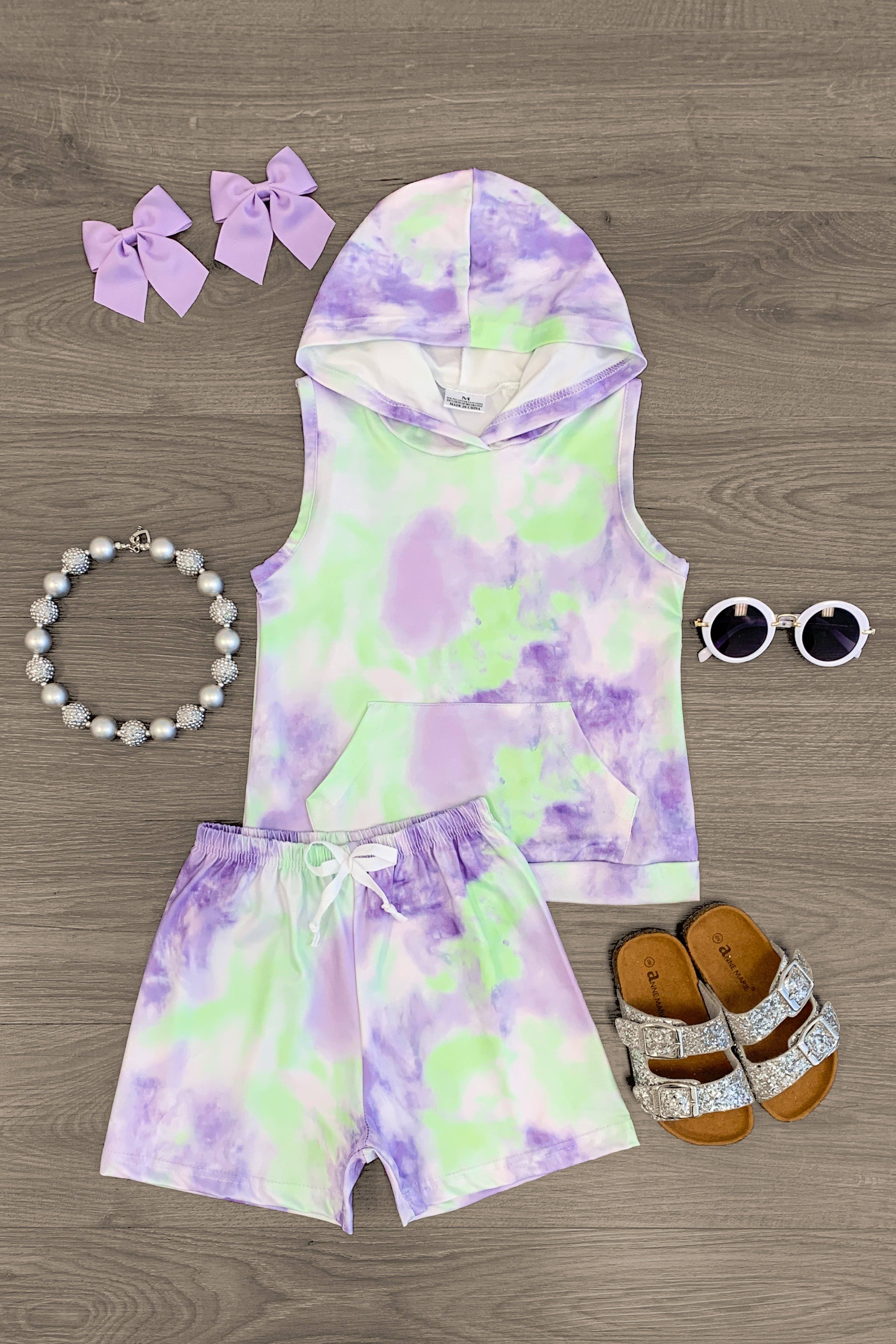 Green & Purple Tie Dye Sleeveless Hoodie Short Set | Sparkle In Pink