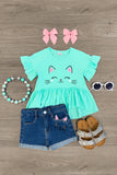 Happy Mint Kitty Denim Short Set Outfit Sparkle In Pink 