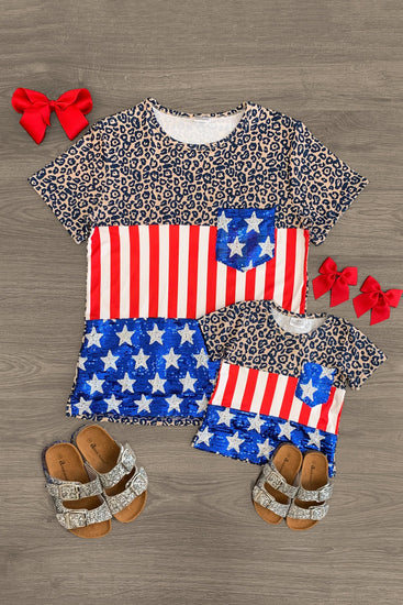 Mom & Me - Cheetah, Stars & Stripes Colorblock Sequin Top | Sparkle In Pink