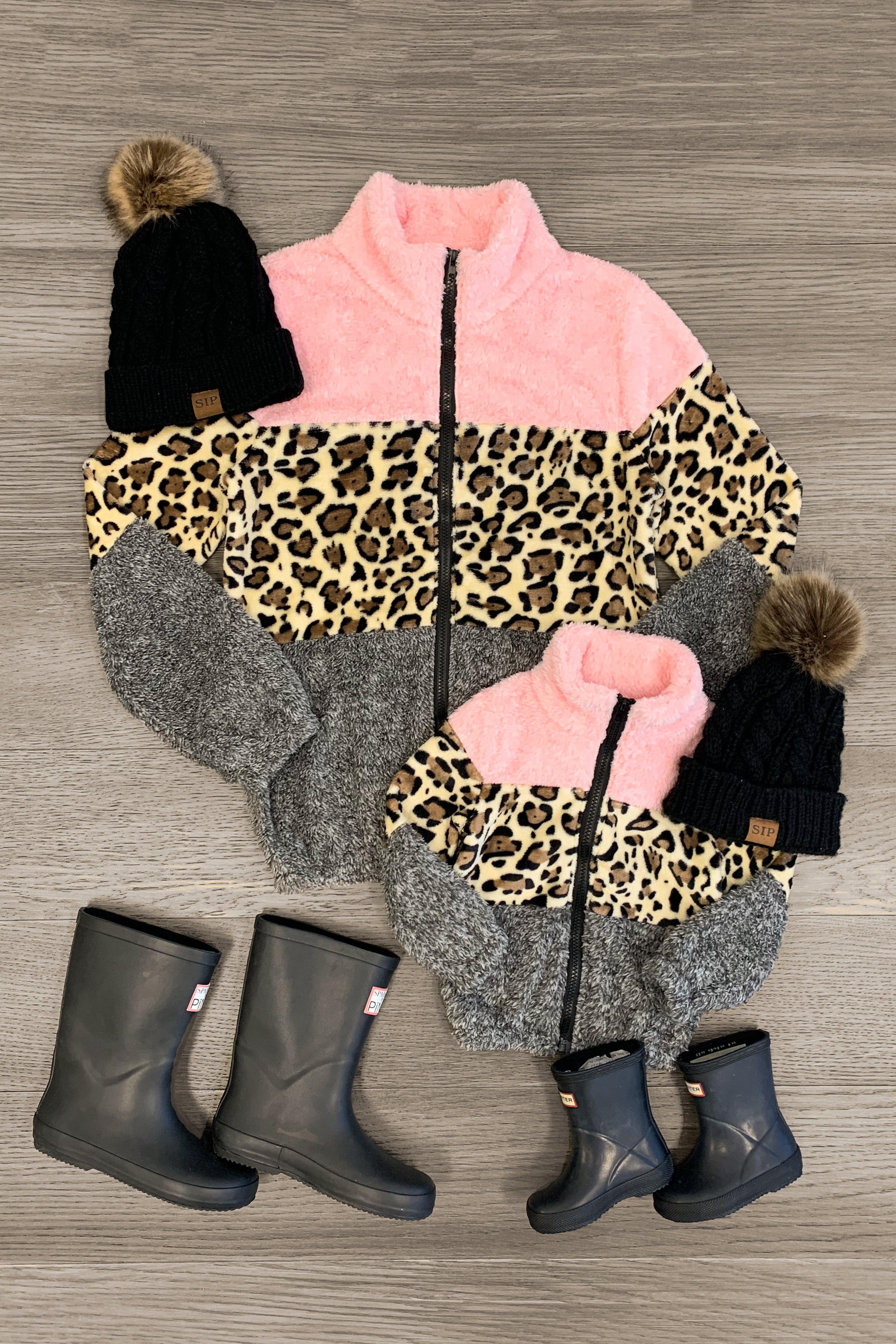 Mom & Me - Pink & Gray Leopard Zip Sherpa | Sparkle In Pink