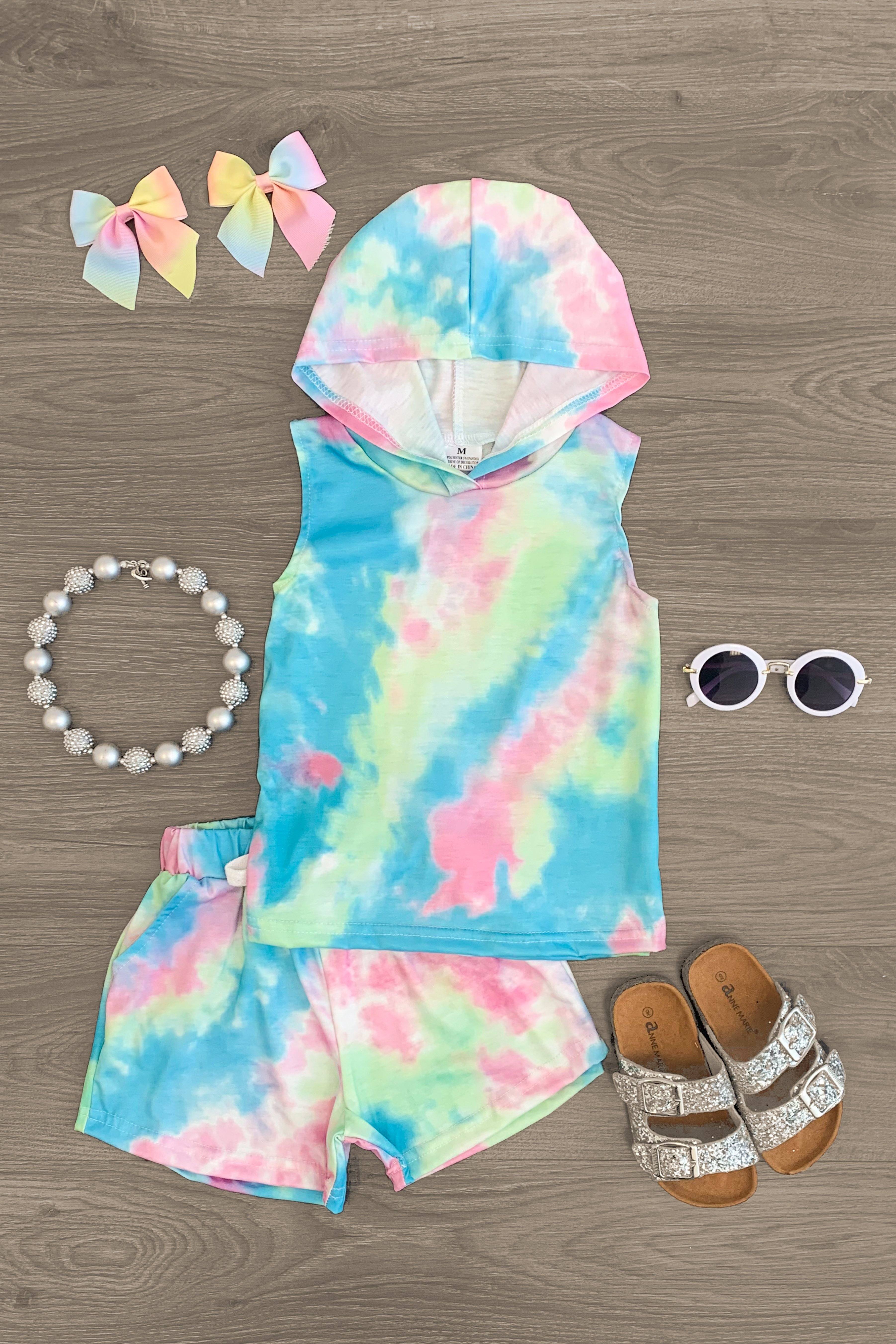 Pastel Tie Dye Sleeveless Hoodie Short Set | Sparkle In Pink