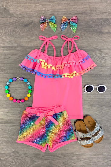Pink Rainbow Cold Shoulder Rainbow Sequin Short Set | Sparkle In Pink