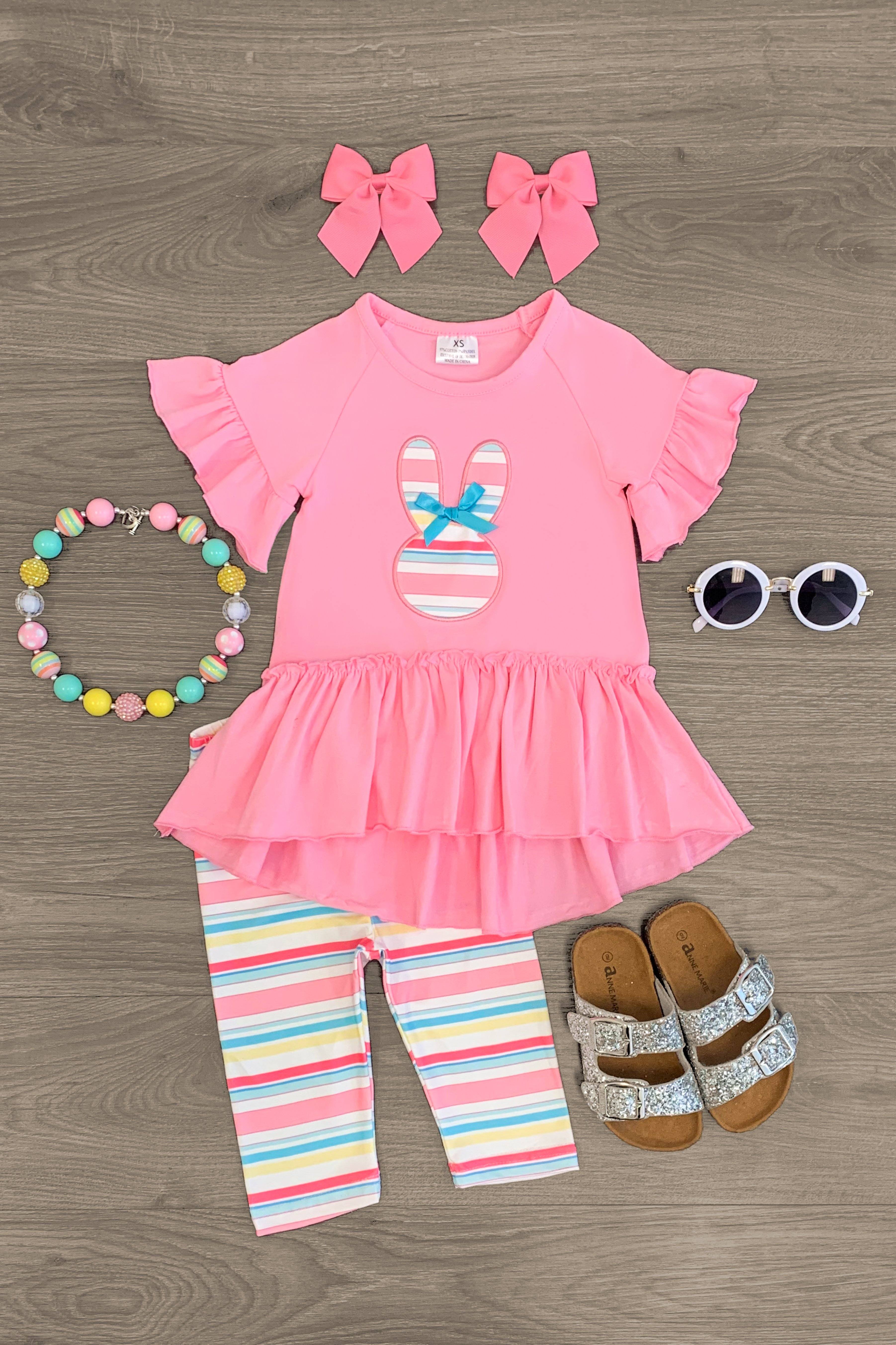 Pink Ruffle Striped Bunny Capri Short Sleeve Set | Sparkle In Pink