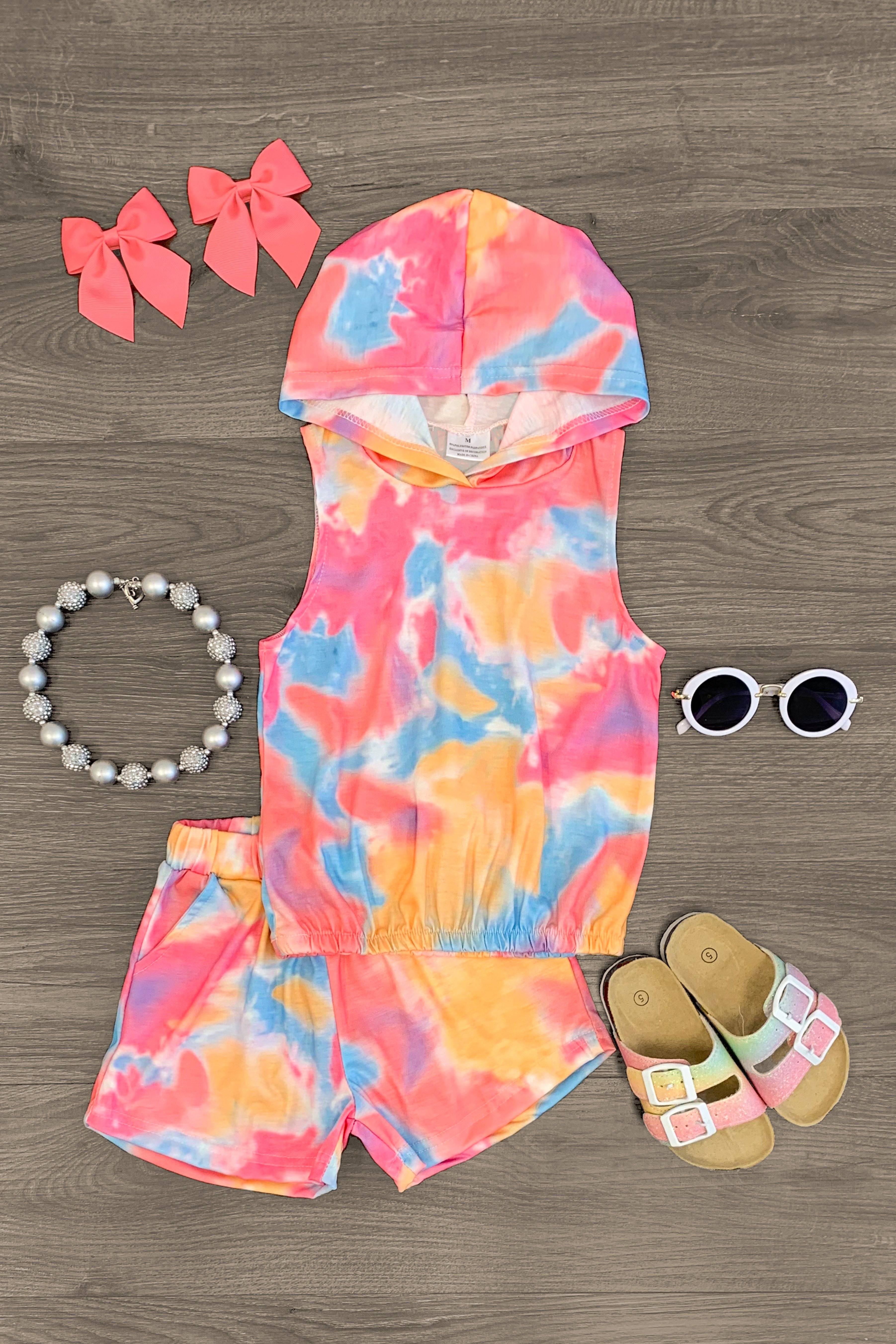 Pink Tie Dye Sleeveless Hoodie Short Set | Sparkle In Pink