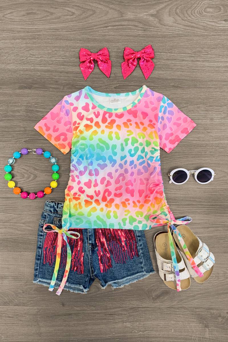 Rainbow Leopard Sequin Denim Short Set | Sparkle In Pink